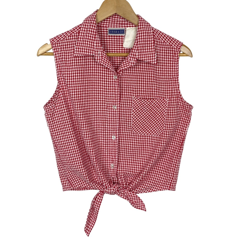 Erika & Co Gingham Check Sleeveless Tie Front Top Women M Rockabilly Americana